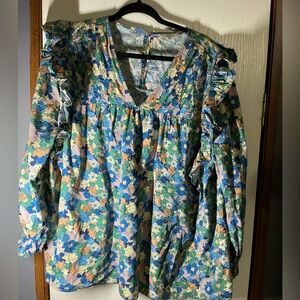 Entro Floral Ruffle Sleeve Blouse 2X • Oversized Boho Cottagecore Top